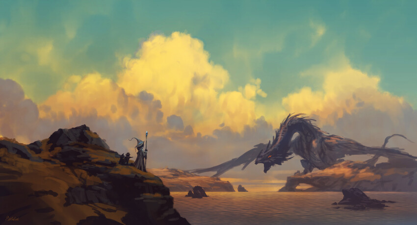 1boy absurdres black_scales blue_sky boulder cloud collarbone commentary dragon english_commentary evening facial_hair fantasy goatee hand_up hat highres hill holding holding_staff krita_(medium) long_sleeves neon_trim open_mouth original outdoors philipp_urlich red_eyes river robe scenery signature sky staff standing sunlight water western_dragon white_hat white_robe wizard wizard_hat