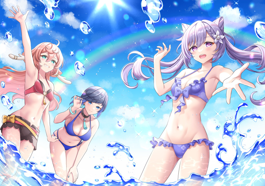 3girls :d alternate_costume aqua_eyes arm_up bikini bikini_shorts black_choker black_shorts blue_bikini blue_hair blue_nails blue_sky blush bow bracelet breasts choker cleavage closed_mouth commentary_request cone_hair_bun dark_blue_hair frilled_bikini frills front-tie_bikini_top front-tie_top genshin_impact grin hair_bun hand_in_own_hair hand_on_own_knee highres jewelry keqing_(genshin_impact) large_breasts leaning_forward light_particles long_hair looking_at_viewer multiple_girls navel neck_tassel offering_hand open_mouth pink_hair purple_bikini purple_eyes purple_hair rainbow reaching reaching_towards_viewer red_bikini short_hair shorts sky small_breasts smile sparkle swimsuit tateko25wiz teeth twintails upper_teeth_only wading waist_bow water yanfei_(genshin_impact) yelan_(genshin_impact)
