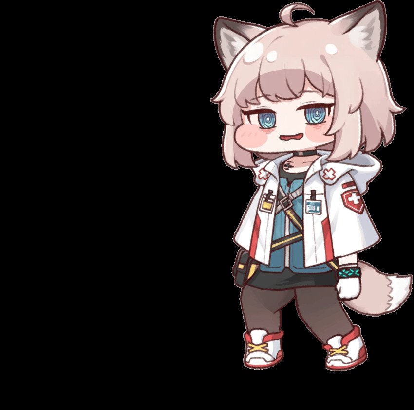 1girl @_@ animal_ears animated animated_gif arknights black_choker black_pantyhose black_skirt blue_eyes blue_vest chibi choker diyap_(style) fox_ears fox_girl fox_tail full_body gloves highres holding holding_staff hood hood_down hooded_jacket infection_monitor_(arknights) jacket kimin3424 material_growth medium_hair miniskirt open_mouth oripathy_lesion_(arknights) pantyhose pink_hair shoes simple_background skirt solo staff sussurro_(arknights) tail transparent_background variant_set vest white_gloves white_jacket white_shoes