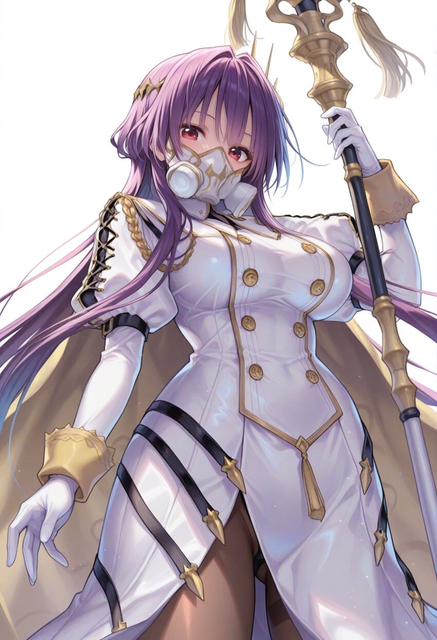 1girl aibanousagi breasts esperanza_(shadowverse) gloves hair_ornament highres holding holding_staff juliet_sleeves long_hair long_sleeves mask medium_breasts mouth_mask pantyhose puffy_sleeves purple_hair red_eyes shadowverse shadowverse:_worlds_beyond simple_background solo staff white_background white_gloves