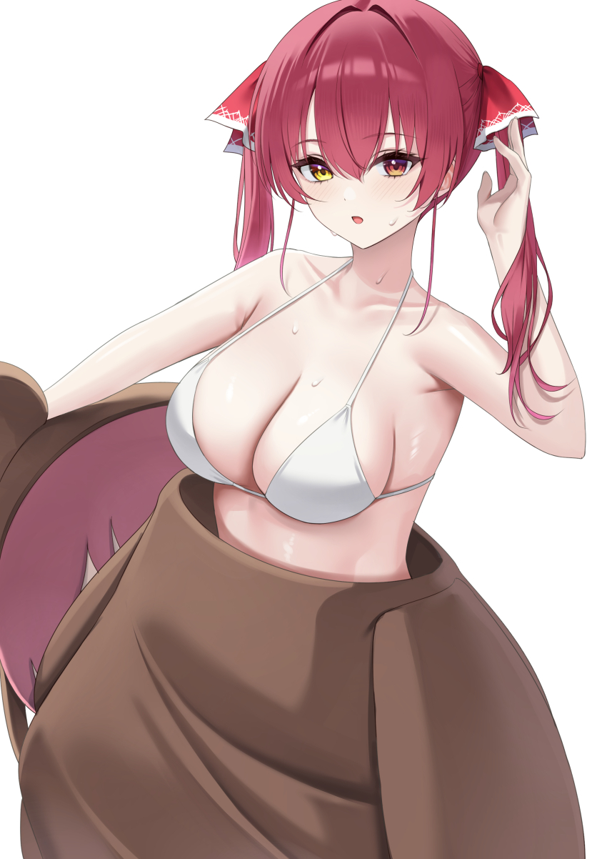 1girl absurdres animal_costume bare_shoulders bear_costume blush breasts cleavage collarbone hair_between_eyes hair_ribbon heterochromia highres hololive houshou_kumarine houshou_marine laimer large_breasts long_hair looking_at_viewer open_mouth red_eyes red_hair red_ribbon ribbon simple_background solo sweat twintails virtual_youtuber white_background yellow_eyes