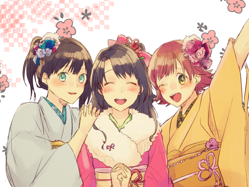 3girls ;d blush flower fur-trimmed_kimono fur_trim hair_flower hair_ornament hands_on_another&#039;s_shoulders highres honda_mio idolmaster idolmaster_cinderella_girls interlocked_fingers japanese_clothes kimono looking_at_viewer multiple_girls new_generations_(idolmaster) nishimura_(shinchinagachi) one_eye_closed open_mouth outstretched_arm own_hands_together patterned_background shibuya_rin shimamura_uzuki smile upper_body yukata
