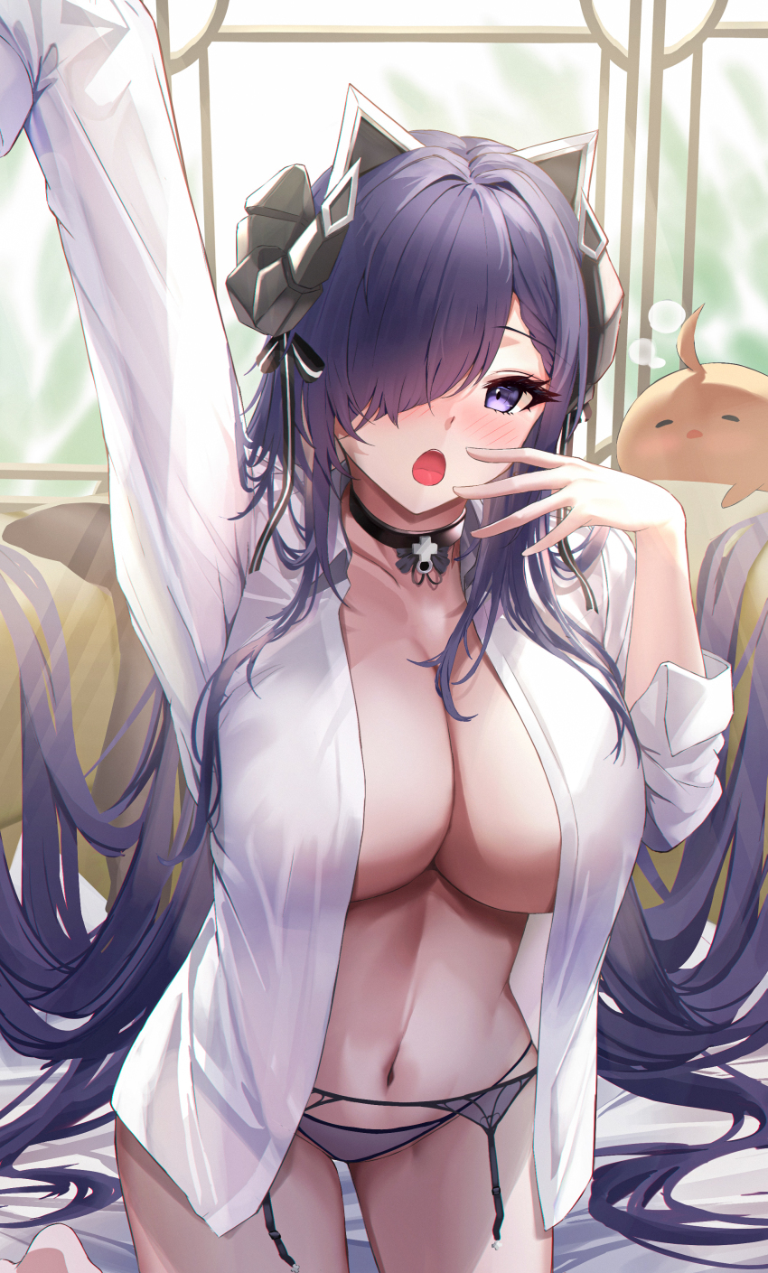 1girl absurdres august_von_parseval_(azur_lane) august_von_parseval_(the_unhulde&#039;s_midday_respite)_(azur_lane) azur_lane black_choker black_horns choker curled_horns garter_straps hair_over_one_eye highres horns iron_blood_(emblem) kirisamede_gzr mechanical_horns official_alternate_costume one_eye_covered see-through_clothes see-through_shirt shirt solo yawning
