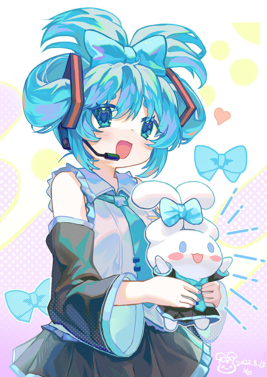 1girl :d absurdres aqua_necktie black_skirt black_sleeves blue_bow blue_eyes blue_hair bow breasts cinnamiku cinnamoroll collared_shirt commentary cosplay detached_sleeves fuwa_fuwa_cinnamoroll grey_shirt hair_bow hatsune_miku hatsune_miku_(cosplay) headset heart highres holding hxj_(2324184595) necktie official_alternate_hairstyle open_mouth pleated_skirt sanrio shirt skirt sleeveless sleeveless_shirt small_breasts smile tie_clip vocaloid