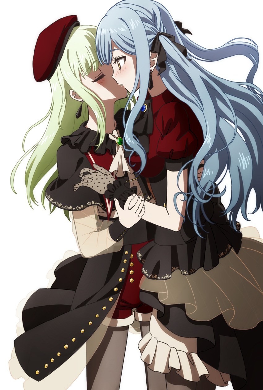 2girls ascot bang_dream! bang_dream!_it&#039;s_mygo!!!!! black_ascot black_gloves black_pantyhose black_ribbon black_skirt blue_brooch blue_hair blush closed_eyes commentary_request earrings french_kiss gloves green_brooch green_hair hair_ribbon hat highres holding_another&#039;s_wrist jewelry kiss long_hair mortis_(bang_dream!) mortis_(costume)_(bang_dream!) multiple_girls oiun pantyhose red_hat red_shirt red_shorts ribbon saliva see-through_clothes see-through_sleeves shirt short_sleeves shorts simple_background skirt togawa_sakiko two_side_up wakaba_mutsumi white_ascot white_background yuri