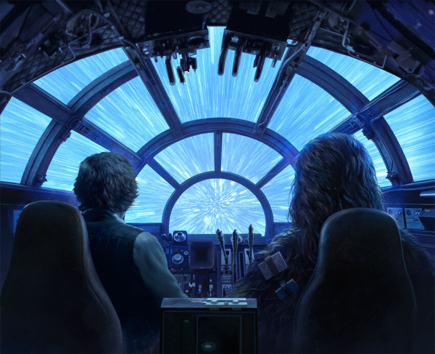 2boys alexandr_elichev alien brown_fur brown_hair chair chewbacca from_behind han_solo multiple_boys shirt short_hair sitting spacecraft_interior star_wars vest white_shirt wookiee