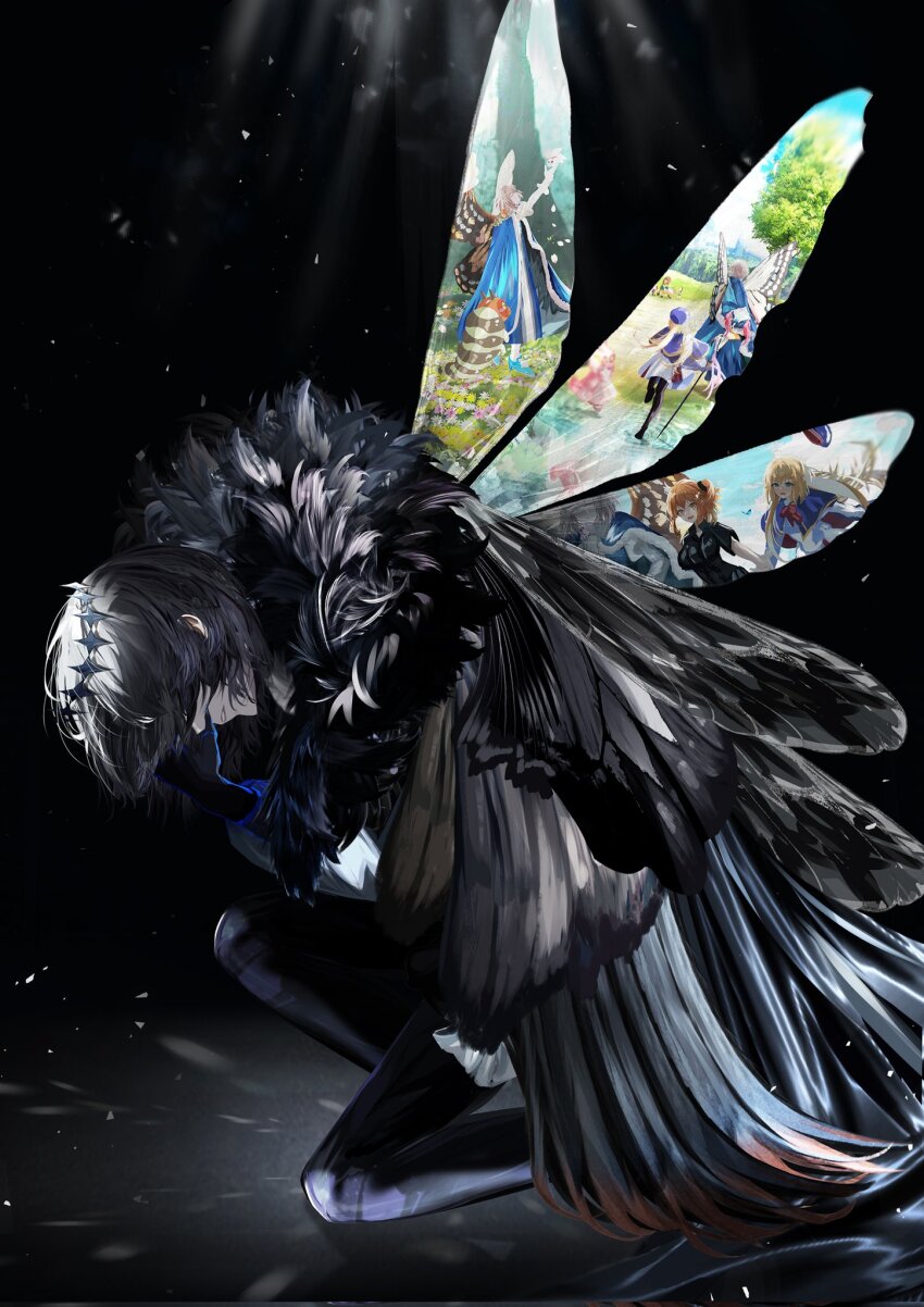 antinese arthropod_boy bug butterfly_wings crown dark dragonfly_wings faerie_knights_(fate) fairy fairy_wings fate/grand_order fate_(series) highres insect insect_wings male_focus moth oberon_(fate) solo solo_focus wing_cape wings