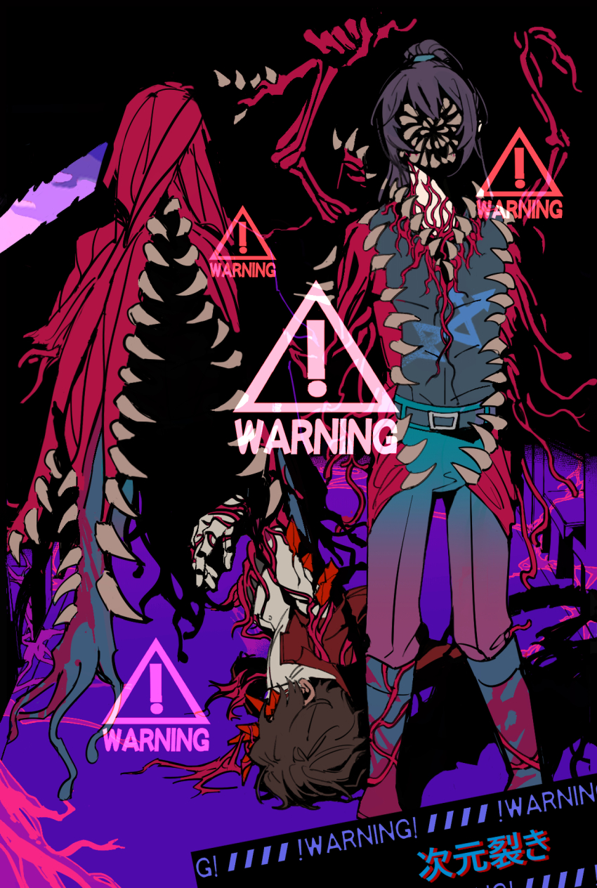 3boys baihuahua5441 belt black_background blood blood_on_face boots brown_hair dimension_shredder_(e.g.o) e.g.o_(project_moon) extra_teeth flesh glaive_(polearm) hair_tie hand_on_own_hip heathcliff_(project_moon) high_ponytail highres holding holding_another&#039;s_wrist holding_weapon hong_lu_(project_moon) jacket jacket_on_shoulders limbus_company long_hair looking_at_viewer lying mechanical_arms meme multicrack_office_(identity)_(project_moon) multiple_boys necktie on_side pants polearm ponytail project_moon purple_hair red_necktie short_hair sign smile standing teeth upper_teeth_only vest warning_sign wayward_passenger weapon yi_sang_(project_moon)