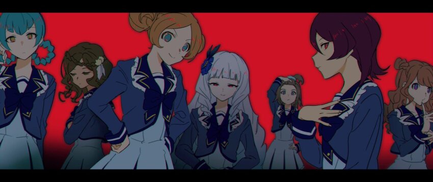 6+girls aikatsu!_(series) aikatsu_stars! akashi_saya arm_up ashida_yuuri bad_id bad_twitter_id blonde_hair blue_dress blue_eyes blue_hair blue_jacket blunt_bangs braid braided_hair_rings brown_hair character_request closed_mouth cowboy_shot double_bun dress hair_bun hair_rings half-closed_eyes hands_on_own_hips image_sample jacket katsura_miki_(aikatsu!) letterboxed long_hair long_sleeves looking_at_viewer multiple_girls profile purple_hair red_background sakamoto_arisa school_uniform shiontaso shirogane_lily short_hair smile standing twitter_sample yotsuboshi_academy_school_uniform