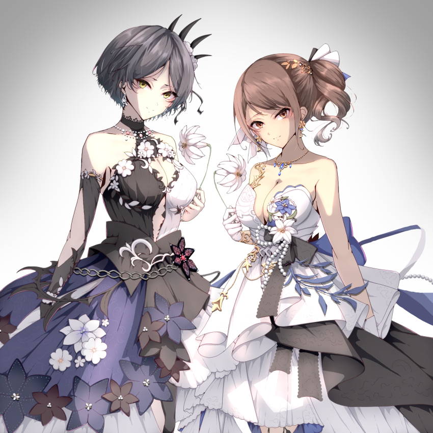 2girls bare_shoulders black_dress black_hair breasts brown_hair cleavage commentary_request dress flower flower_ornament gloves hayami_kanade highres hitofudegaki_usagi hojo_karen holding holding_flower idolmaster idolmaster_cinderella_girls jewelry large_breasts lily_(flower) looking_at_viewer multiple_girls necklace short_hair side_ponytail white_dress white_gloves