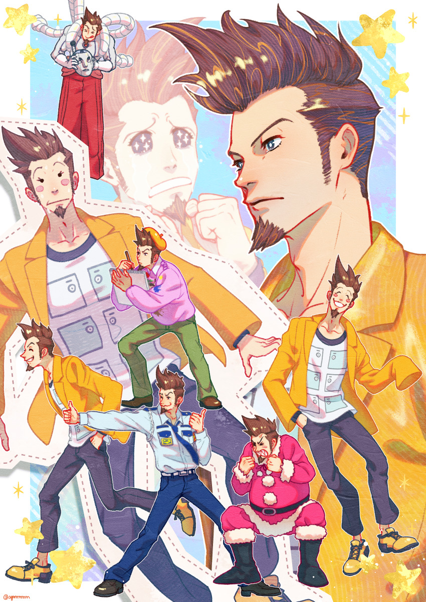 &gt;_&lt; 6+boys :q ^_^ absurdres ace_attorney angry belt beret black_belt black_footwear black_pants blue_eyes blue_necktie blue_pants blue_shirt blush_stickers boots border brown_footwear brown_hair clenched_hands closed_eyes collarbone collared_shirt commentary_request dotted_line double_thumbs_up facial_hair goatee green_pants hakama hakama_skirt hand_in_pocket hand_up hands_up hasekou_g hat highres holding holding_mask holding_pencil holding_sketchbook jacket japanese_clothes larry_butz male_focus mask multiple_boys multiple_persona multiple_views necktie open_clothes open_jacket orange_hat orange_jacket outside_border pants pencil police police_uniform print_shirt projected_inset santa_costume sharp_teeth shirt shirt_tucked_in shoes short_hair sketchbook skirt smile sparkle sparkling_eyes star_(symbol) teeth tehepero thumbs_up tongue tongue_out twitter_username white_belt white_border white_shirt yellow_shoes