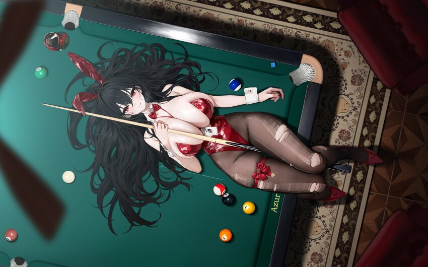 1girl :q absurdres ahoge alcohol animal_ear_hairband animal_ears azur_lane ball bare_shoulders between_breasts between_thighs billiard_ball billiards black_hair bow bowtie breasts cleavage collar commentary covered_navel crossed_bangs cue_stick cup detached_collar fake_animal_ears from_above hair_between_eyes hair_spread_out hairband high_heels highleg highleg_leotard highres holding_cue_stick huge_breasts id_card lanyard leotard long_hair looking_at_viewer lying nail_polish official_alternate_costume on_back on_table pantyhose patent_heels playboy_bunny pool_table pumps rabbit_ear_hairband rabbit_ears red_bow red_bowtie red_eyes red_leotard red_nails red_shoes red_wine shoes skindentation smile solo stiletto_heels strapless strapless_leotard table taihou_(azur_lane) taihou_(fun_on_the_baize)_(azur_lane) thick_thighs thigh_bow thigh_gap thighs tongue tongue_out torn_clothes torn_pantyhose very_long_hair white_collar white_wrist_cuffs wine wrist_cuffs yunsang