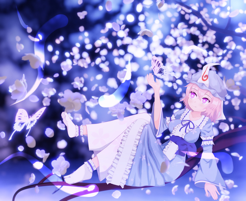 1girl absurdres cherry_blossoms curly_crow hat highres japanese_clothes kimono mob_cap perfect_cherry_blossom pink_eyes pink_hair ribbon saigyou_ayakashi saigyouji_yuyuko smile tabi touhou