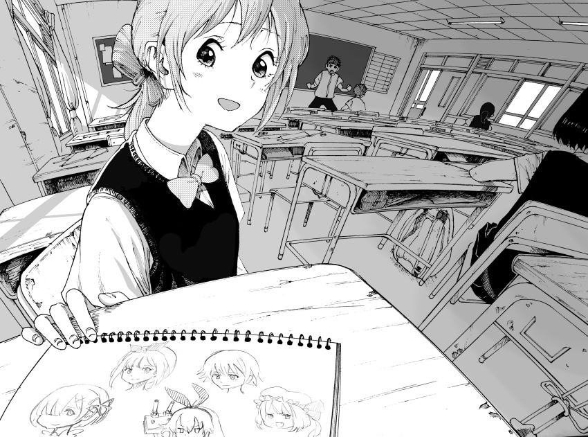 1girl absurdres atelier_(series) atelier_ryza character_request classroom commentary_request desk fisheye greyscale highres indoors kantai_collection long_hair monochrome omao open_mouth original re:zero_kara_hajimeru_isekai_seikatsu reisalin_stout rem_(re:zero) remilia_scarlet shimakaze_(kancolle) sketchbook smile solo_focus touhou upper_body wide_shot