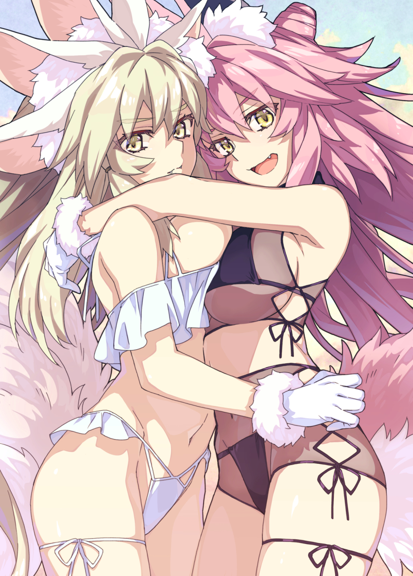 2girls animal_ear_fluff animal_ears bare_shoulders bikini black_bikini blonde_hair blush breasts extra_ears fate/grand_order fate_(series) fox_ears fox_girl fox_tail gloves hair_between_eyes highres koyanskaya_(assassin)_(third_ascension)_(fate) koyanskaya_(fate) koyanskaya_(lostbelt_beast:iv)_(fate) large_breasts long_hair looking_at_viewer multiple_animal_ears multiple_girls off-shoulder_bikini off_shoulder open_mouth pink_hair rabbit_ears revision saipaco sidelocks smile swimsuit tail tamamo_(fate) thighs very_long_hair white_bikini white_gloves yellow_eyes