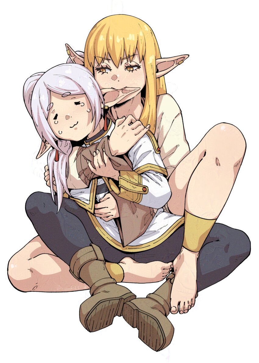 2girls barefoot biting biting_ear blonde_hair boots chuckuddin commentary ear_ornament elf english_commentary frieren grey_hair highres hikimayu hug indian_style long_hair multiple_girls pointy_ears serie_(sousou_no_frieren) simple_background sitting sousou_no_frieren spread_legs tears twintails white_background yellow_eyes
