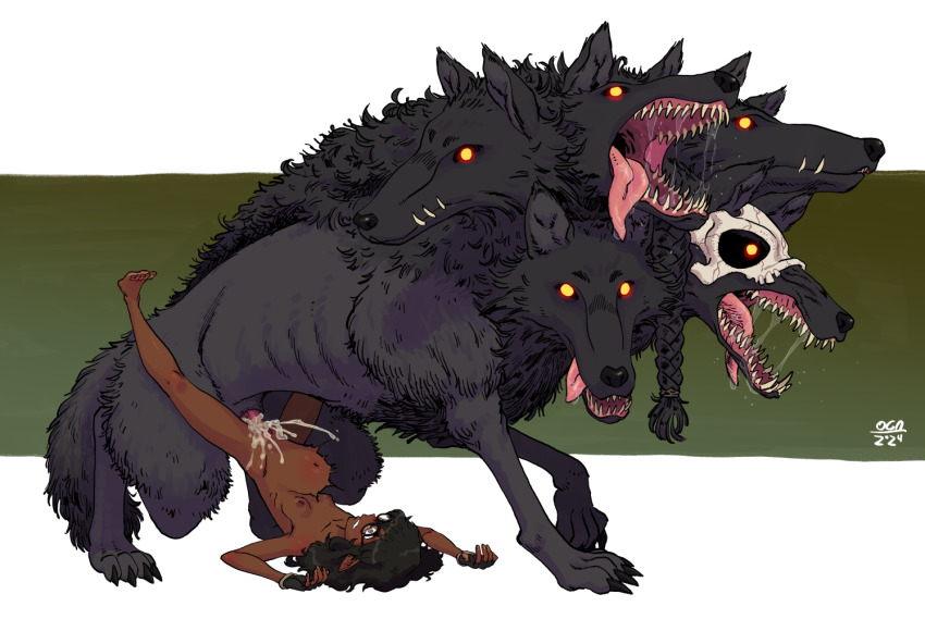 1girl bestiality black_hair breasts completely_nude cum cum_overflow dark-skinned_female dark_skin glasses glowing glowing_eyes long_hair mask monster multiple_heads nude oca-world original pointy_ears sex skull_mask small_breasts stomach_bulge wolf