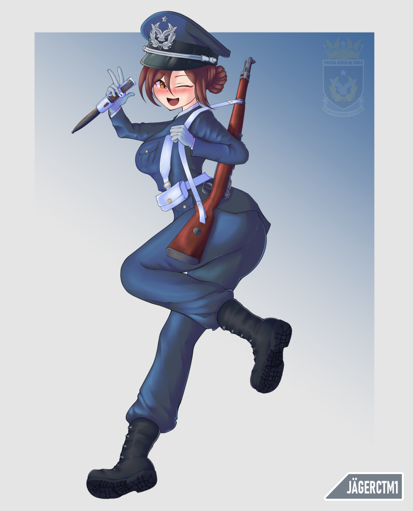1girl absurdres army black_footwear blush bolt_action brown_hair chile clip_studio_paint_(medium) gun hat highres jagerctm1 looking_at_viewer mauser_98 military military_hat military_uniform open_mouth original rifle simple_background smile solo weapon white_background