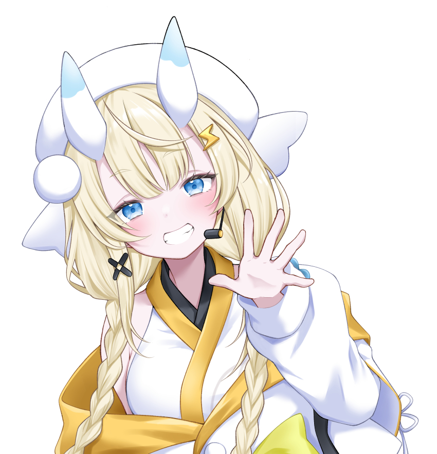 1girl absurdres bare_shoulders blonde_hair blue_eyes blue_horns blush braid coat coat_partially_removed dutch_angle grin hair_ornament hair_over_shoulder hat headset highres horns japanese_clothes kadou_mikaru kimono layered_sleeves lightning_bolt lightning_bolt_hair_ornament lightning_bolt_symbol long_sleeves looking_at_viewer low_twin_braids multicolored_horns nijisanji open_hand piyopiyomaru_(piyo8823) pom_pom_(clothes) pom_pom_hair_ornament portrait puffy_long_sleeves puffy_sleeves short_over_long_sleeves short_sleeves sidelocks simple_background smile solo twin_braids two-tone_horns virtual_youtuber waving white_background white_coat white_hat white_horns white_kimono x_hair_ornament yellow_trim