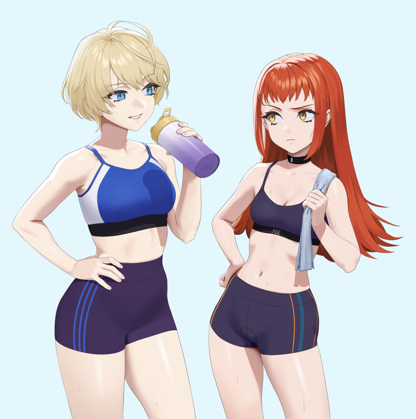 2girls absurdres ahoge bare_arms bare_shoulders bike_shorts black_choker black_shorts black_sports_bra blonde_hair blue_eyes blue_sports_bra bottle breasts carlo_montie choker cleavage closed_mouth collarbone commission contemporary cowboy_shot eye_contact fire_emblem fire_emblem_engage hand_on_own_hip highres holding holding_bottle long_hair looking_at_another medium_breasts merrin_(fire_emblem) multiple_girls navel nintendo panette_(fire_emblem) parted_lips red_hair shorts simple_background small_breasts smile sports_bra sweat towel_on_one_shoulder v-shaped_eyebrows white_background yellow_eyes