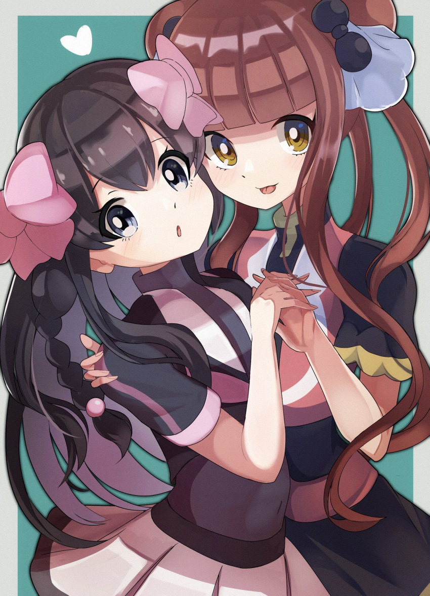 2girls :o beads belt black_dress black_hair blue_background blunt_bangs blush border bow braid brown_hair character_request copyright_request covered_navel cropped_jacket dot_nose double-parted_bangs dress floating_hair frilled_sleeves frills grey_eyes hair_beads hair_bow hair_ornament hand_on_another&#039;s_shoulder highres impossible_clothes impossible_shirt interlocked_fingers jacket light_blush lips long_hair looking_at_viewer miniskirt multiple_girls pink_bow pink_skirt plum_(vtuber) plum_no_bouken_note purple_jacket purple_shirt red_belt red_vest shirt short_sleeves side_braids simple_background skin_tight skirt smile tongue tongue_out twin_braids umiru very_long_hair vest virtual_youtuber white_border yellow_eyes