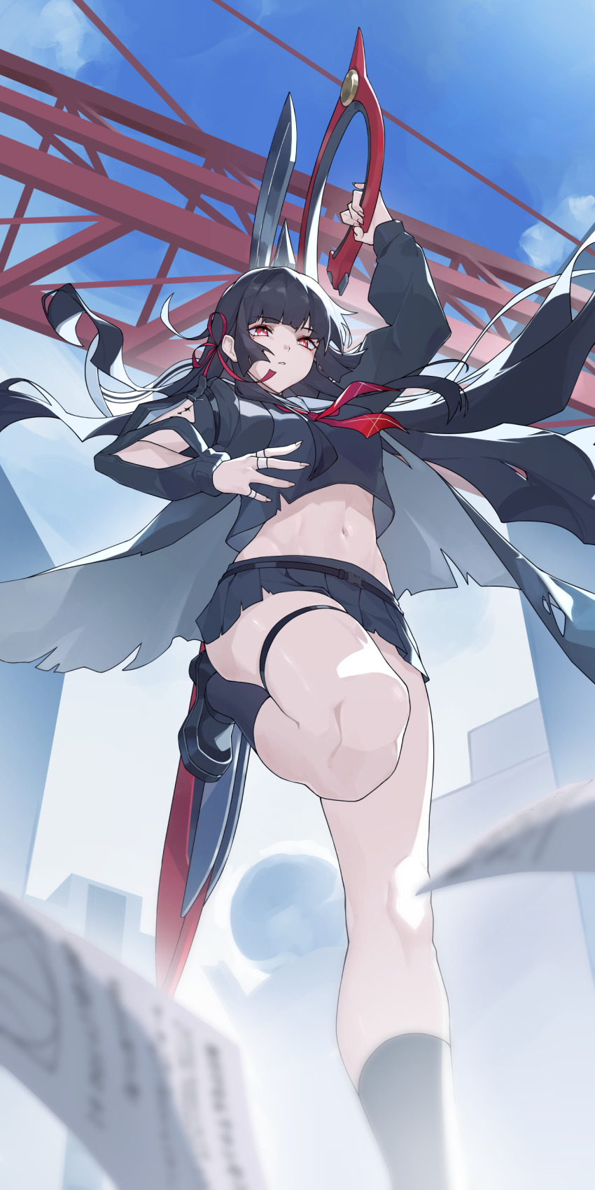 1girl absurdres arm_cutout arm_up black_hair black_jacket black_serafuku black_skirt blue_sky chisa_(wuthering_waves) clothing_cutout commentary crop_top day foot_out_of_frame from_below hair_ribbon highres holding holding_sword holding_weapon honey_boba jacket leg_up long_hair long_sleeves looking_ahead mole mole_under_eye navel outdoors parted_lips red_eyes red_ribbon ribbon school_uniform serafuku skirt sky solo stomach sword tacet_mark_(wuthering_waves) thigh_strap thighs weapon wuthering_waves