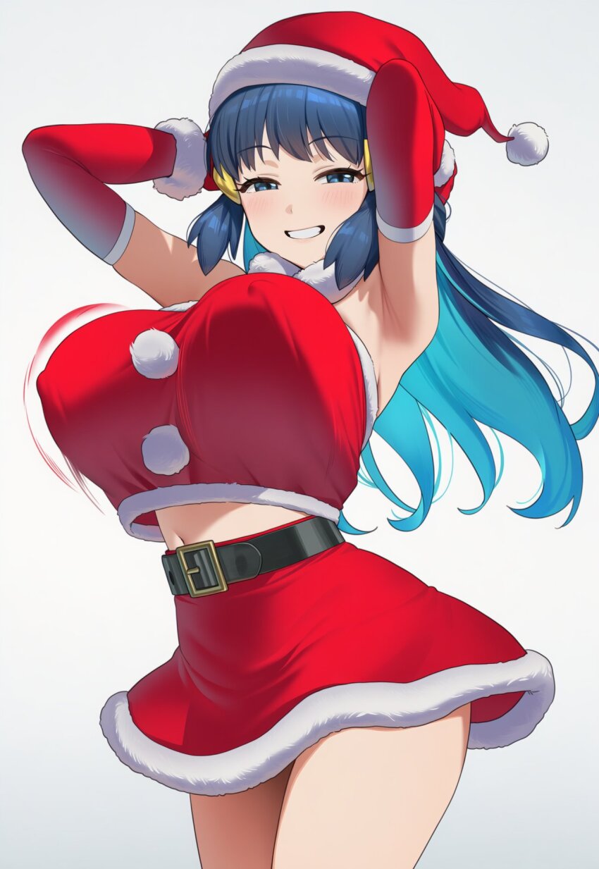 1girl ai-generated blue_eyes blue_hair christmas covered_erect_nipples dawn_(pokemon) hat highres long_hair looking_at_viewer nintendo pokemon pokemon_dppt santa_hat simple_background smile solo standing thighs ueponzu