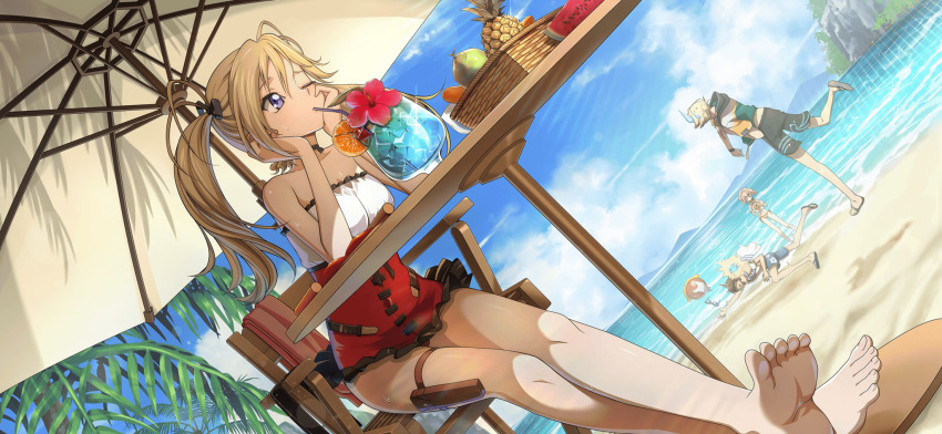 2boys 2girls alternate_hairstyle anya_alstreim artist_request ball bare_shoulders barefoot basket beach beach_umbrella beachball black_choker black_ribbon blonde_hair blue_eyes blue_sky breasts cherry choker cloud code_geass code_geass:_lost_stories collarbone comedic_sweatdrop crossed_legs cup day drink drinking drinking_glass drinking_straw dutch_angle feet female_focus flower food frilled_one-piece_swimsuit frills fruit game_cg gino_weinberg glint hair_between_eyes hair_ribbon hibiscus highres hot ice ice_cube kururugi_suzaku legs_together lila_la_britannia long_hair looking_afar melon mordred_(code_geass) mountainous_horizon multiple_boys multiple_girls non-web_source ocean official_art on_chair one-piece_swimsuit one_eye_closed orange_(fruit) orange_slice outdoors palm_tree pouch red_flower red_one-piece_swimsuit ribbon sand sidelocks sitting sky small_breasts soles solo_focus strapless strapless_one-piece_swimsuit sweat swimsuit table thigh_pouch thigh_strap throwing toes towel tree twintails umbrella watermelon watermelon_slice