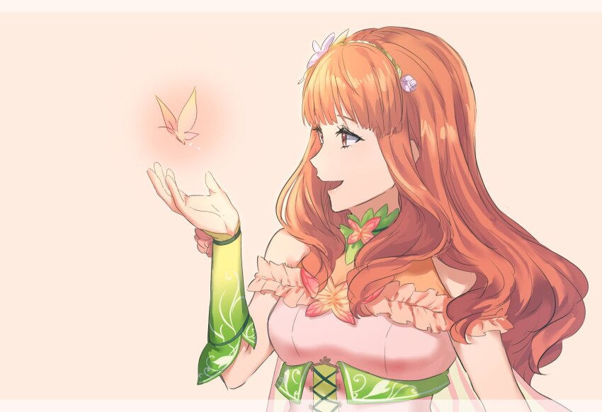 1girl breasts bug butterfly celica_(fire_emblem) celica_(resplendent)_(fire_emblem) fairy fire_emblem fire_emblem_echoes:_shadows_of_valentia fire_emblem_heroes flower head_wreath highres insect long_hair medium_breasts nintendo official_alternate_costume princess red_eyes red_hair solo tiara tomo_shirasu