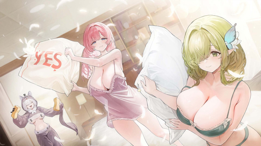 animal_hood artist_request azur_lane babydoll bra breasts butterfly_hair_ornament butterfly_ornament cropped_hoodie de_zeven_provincien_(azur_lane) de_zeven_provincien_(snuggling_for_warmth)_(azur_lane) fur-trimmed_hoodie fur-trimmed_pants fur_trim green_bra green_panties grey_pants hair_intakes hair_ornament hair_over_one_eye highres hood hoodie kazan_(azur_lane) kazan_(the_warm_morning_sunshine)_(azur_lane) lace_trim large_breasts nightgown official_alternate_costume official_art oleg_(azur_lane) oleg_(repose_by_the_fireplace)_(azur_lane) on_bed panties pants pink_babydoll pink_negligee pink_nightgown pointy_ears purple_babydoll raccoon_costume raccoon_hood sleeves_past_fingers sleeves_past_wrists underwear