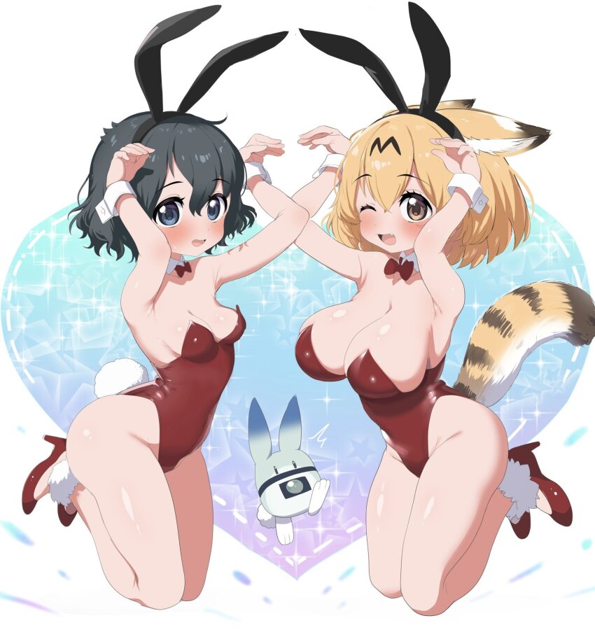 2girls animal_ear_hairband animal_ears armpit_crease arms_up black_hair blonde_hair blue_eyes blush bow bowtie breasts brown_eyes detached_collar fake_animal_ears fake_tail fang fur_anklet hair_between_eyes hairband heart heart_background high_heels highleg highleg_leotard highres jumping kaban_(kemono_friends) kemono_friends large_breasts leotard looking_at_viewer lucky_beast_(kemono_friends) multiple_girls one_eye_closed open_mouth playboy_bunny rabbit_ear_hairband rabbit_ears rabbit_pose rabbit_tail ransusan red_bow red_bowtie red_footwear red_leotard serval_(kemono_friends) shoes short_hair small_breasts strapless strapless_leotard tail wide_hips wrist_cuffs