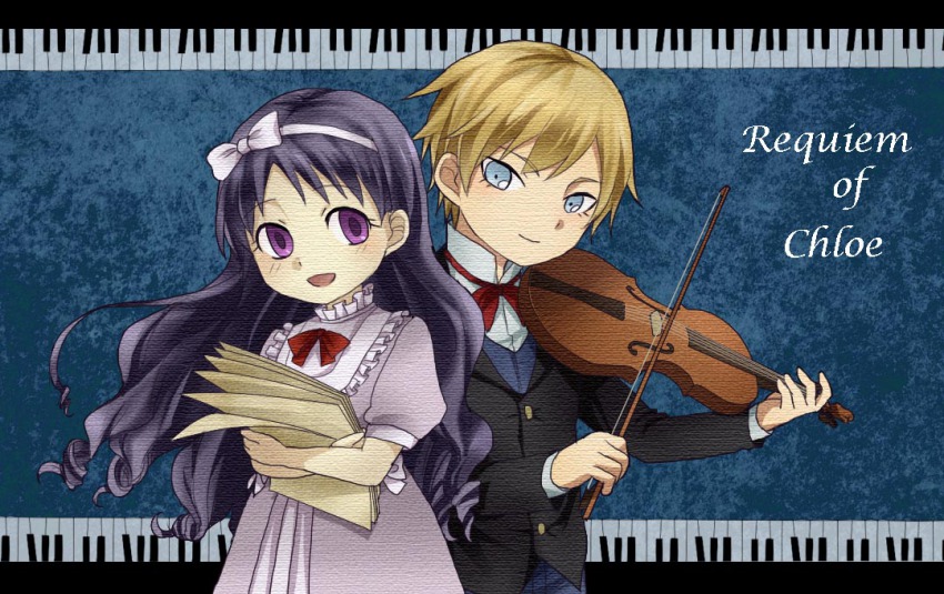 1boy 1girl black_hair blonde_hair blue_eyes bow bowtie chloe_ardenne chloe_no_requiem copyright_name dress formal_clothes hair_bow hairband instrument long_hair michel_d&#039;alembert open_mouth purple_eyes short_hair smile traditional_bowtie vest violin