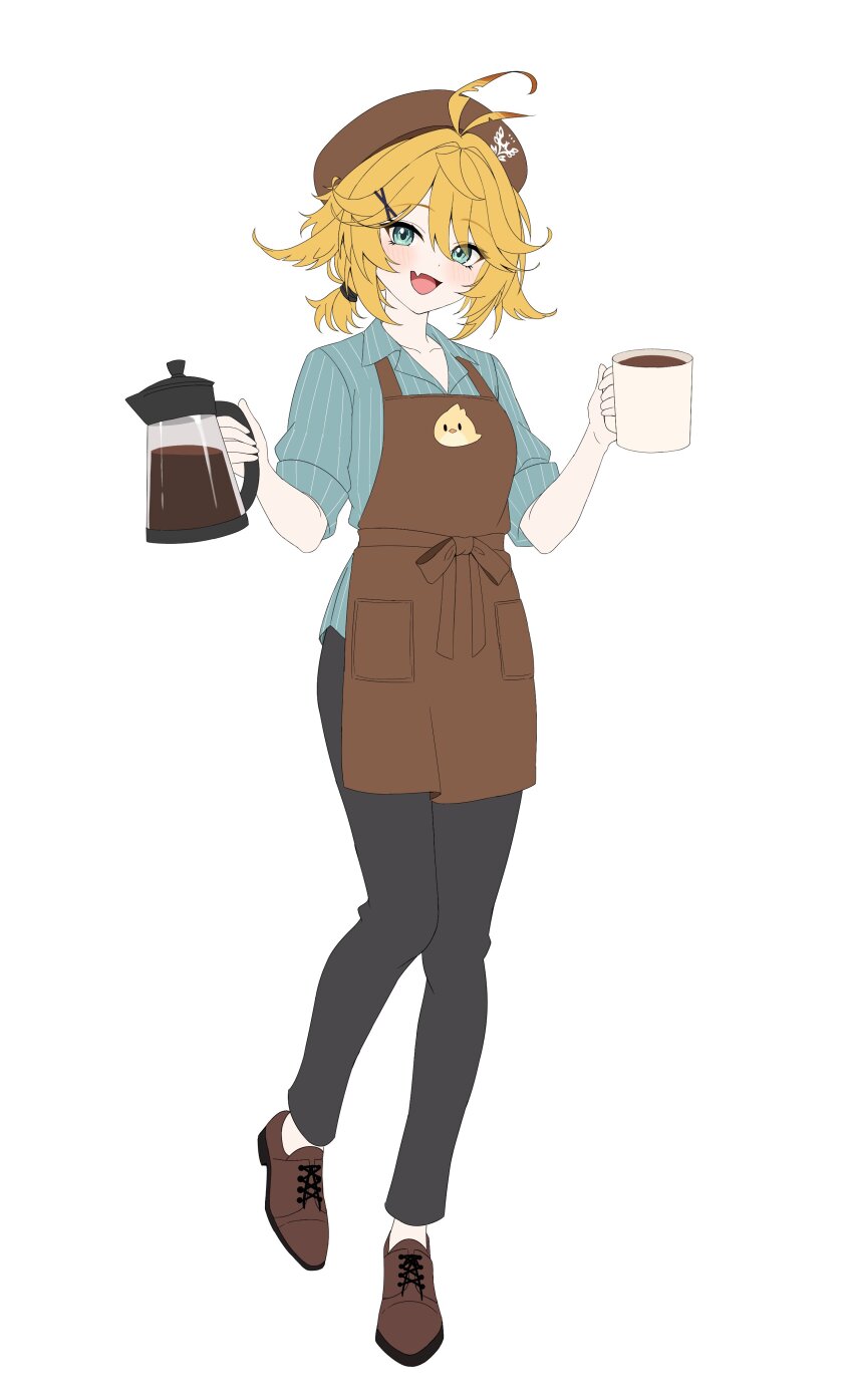 1girl :d absurdres ahoge alternate_costume apron aqua_eyes aqua_hair artist_request barista beret black_pants blonde_hair brown_apron brown_hat brown_shoes coffee cup dokibird_(vtuber) dokibird_(vtuber)_(bounty_hunter) dragoon_(dokibird) fang full_body hair_ornament hairclip hat highres holding holding_coffee_pot holding_cup indie_virtual_youtuber medium_hair mug open_mouth pants shirt shoes simple_background skin_fang sleeves_rolled_up smile solo standing striped_clothes striped_shirt untucked_shirt vertical-striped_clothes vertical-striped_shirt virtual_youtuber white_background