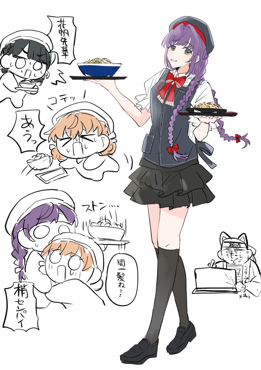 &gt;_&lt; 3girls ^^^ alternate_costume alternate_hairstyle apron artist_self-insert beret black_apron black_hat black_skirt black_socks bowl braid catching cerise_bouquet chibi chibi_inset commentary double_bun dropping food frilled_skirt frills full_body green_eyes grin hachiban_ramen hachiban_ramen_uniform hair_bun hat highres hinoshita_kaho holding holding_tray kneehighs layered_skirt link!_like!_love_live! long_hair love_live! miniskirt momose_ginko multiple_girls noodles official_alternate_costume official_alternate_hairstyle open_mouth otomune_kozue puffy_short_sleeves puffy_sleeves ramen shirt short_sleeves simple_background skirt smile socks solo_focus speech_bubble tray twin_braids very_long_hair virtual_youtuber white_background white_shirt zuisetsu