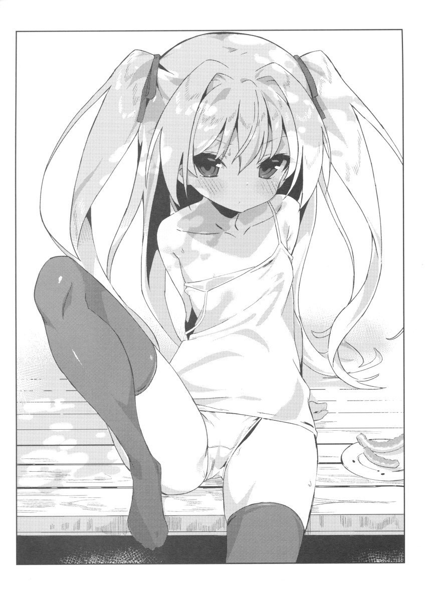 1girl absurdres blush camisole dappled_sunlight expressionless flat_chest greyscale highres irotoridori_no_sekai knee_up long_hair looking_at_viewer monochrome nikaidou_shinku panties solo strap_slip sunlight takakura thighhighs two_side_up underwear underwear_only