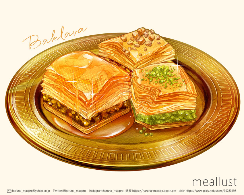 artist_name baklava english_text food food_focus haruna_macpro highres no_humans original plate simple_background sparkle sweets