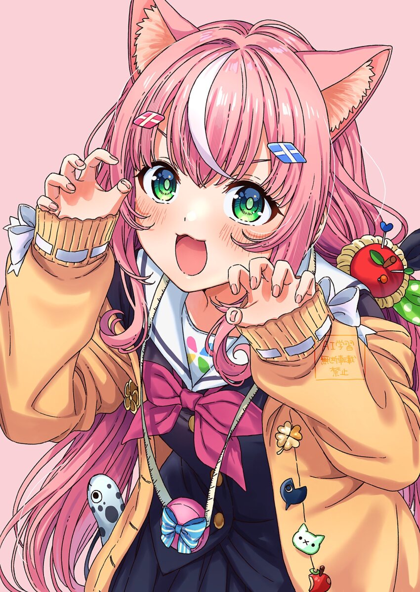 1girl :3 :d animal_ear_fluff animal_ears black_serafuku blush bow bowtie cardigan cat_ears cat_girl claw_pose green_eyes highres looking_at_viewer multicolored_hair nail_polish nijisanji nijisanji_kr open_mouth pink_background pink_bow pink_bowtie pink_hair pleated_skirt pouch ribbon-trimmed_sleeves ribbon_trim sailor_collar school_uniform serafuku simple_background skirt sleeves_past_wrists smile solo streaked_hair two-tone_hair upper_body v-shaped_eyebrows virtual_youtuber white_hair white_sailor_collar yang_nari yellow_cardigan yufu_kyouko