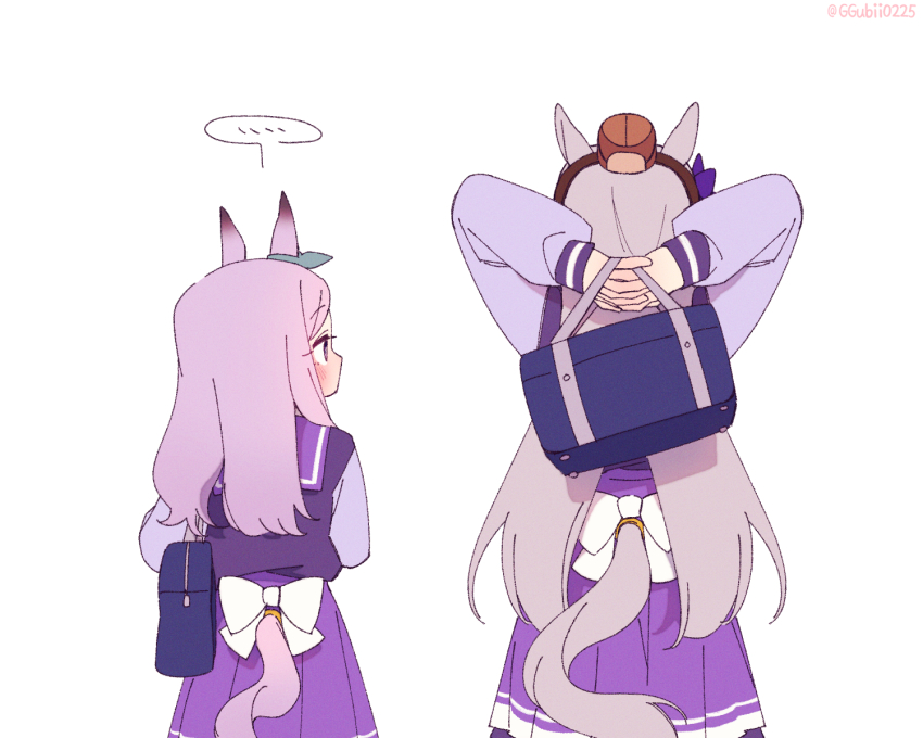 ... 2girls animal_ears arms_behind_head bag bow brown_headwear clothing_cutout commentary_request from_behind ggubii0225 gold_ship_(umamusume) grey_hair hat highres holding holding_bag horse_ears horse_girl horse_tail korean_commentary long_hair long_sleeves looking_at_another mejiro_mcqueen_(umamusume) multiple_girls purple_hair purple_shirt purple_skirt sailor_collar school_bag school_uniform shirt simple_background skirt spoken_ellipsis tail tail_through_clothes tracen_school_uniform twitter_username umamusume upper_body white_background white_bow