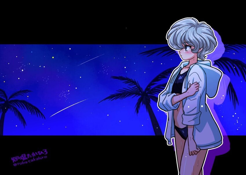 1girl afterimage bikini black_bikini commentary expressionless from_side hood hoodie looking_to_the_side navel night palm_tree profile reni_milchstrasse sakura_taisen shooting_star short_hair sky solo star_(sky) starry_sky swimsuit tree wanta_(futoshi) white_hair white_hoodie