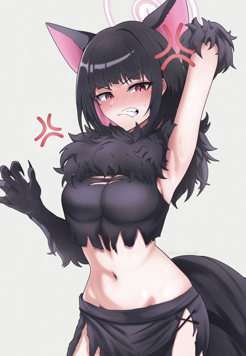 1girl absurdres anger_vein angry animal_ears arm_behind_head arm_up armpits black_claws black_tail blue_archive blush cat_ears clenched_teeth colored_inner_animal_ears colored_inner_hair embarrassed extra_ears fake_claws fur-trimmed_gloves fur_scarf fur_sleeves fur_trim gloves halloween_costume halo highres kaiju_ryoku kazusa_(blue_archive) kazusa_(halloween)_(blue_archive) multicolored_hair pink_halo skirt solo teeth torn_clothes torn_skirt two-tone_hair v-shaped_eyebrows werewolf_costume