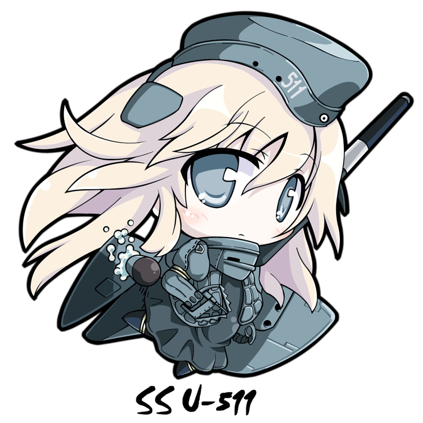 10s 1girl black_dress black_pantyhose blonde_hair blue_eyes blush character_name chibi dress female_focus frown garrison_cap hat holding kantai_collection long_hair long_sleeves military military_uniform pale_skin pantyhose puffy_long_sleeves puffy_sleeves simple_background solo take_tonbo torpedo u-511_(kancolle) white_background
