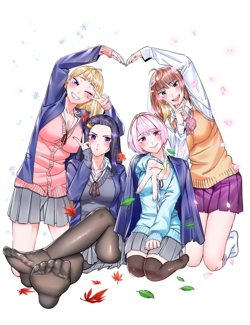 4girls ;d akino_sayuri arm_up black_cardigan black_hair black_pantyhose blazer blonde_hair blue_cardigan blue_jacket blush bow bowtie breasts brown_eyes brown_hair brown_thighhighs cardigan character_request cleavage closed_mouth commentary_request dosanko_gal_wa_namaramenkoi falling_leaves falling_petals fuyuki_minami grey_skirt grin gyaru gyaru_v hair_ornament hairband hairclip hand_on_lap highres ikada_kai jacket jacket_on_shoulders kneeling large_breasts leaf long_hair long_sleeves maple_leaf mile multiple_girls natsukawa_rena neck_ribbon no_shoes official_art one_eye_closed open_clothes open_jacket open_mouth orange_sweater pantyhose petals pink_bow pink_bowtie pink_cardigan pink_hair pink_petals pleated_skirt purple_eyes purple_skirt red_hairband red_ribbon ribbon school_uniform season_connection seiza short_hair simple_background sitting skirt smile snowflakes socks spoilers striped_bow striped_bowtie striped_clothes sweater teeth thighhighs upper_teeth_only v v_over_eye white_background white_socks