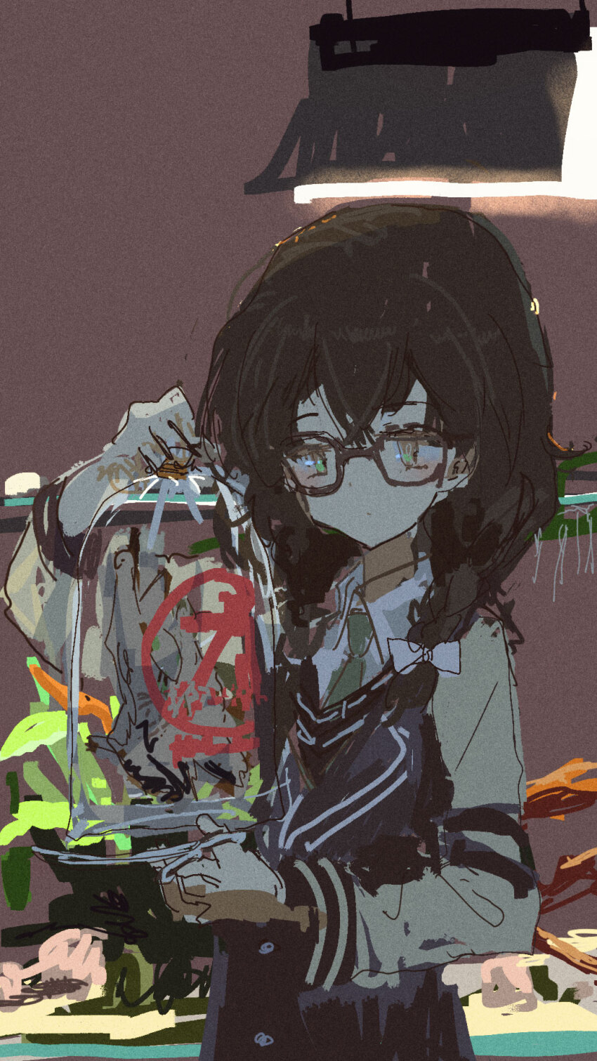 1girl bag bagged_fish black_hair black_jacket blazer blush braid brown_background cevio closed_mouth collared_shirt expressionless film_grain fish fish_tank glasses green_eyes green_necktie hanakuma_chifuyu hands_up hanging_light highres holding holding_bag jacket kabuyama_kaigi long_hair long_sleeves low_twin_braids multicolored_jacket necktie school_uniform shirt simple_background solo synthesizer_v twin_braids two-tone_jacket white_jacket white_shirt