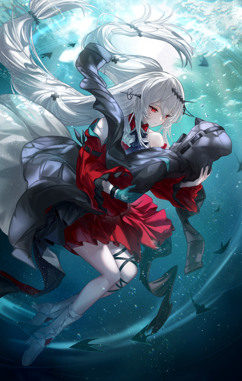 1girl angelfish aqua_gloves arknights bare_shoulders boots dress expressionless fish gloves hair_ornament high_heels highres hood hooded_jacket jacket unworn_jacket kachi long_hair red_dress red_eyes skadi_(arknights) skadi_the_corrupting_heart_(arknights) solo underwater white_hair