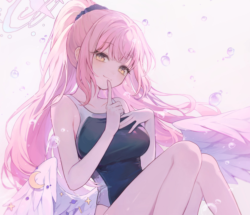 1girl air_bubble alternate_hairstyle blue_archive blush breasts bubble closed_mouth commentary_request feathered_wings finger_to_mouth hair_ornament hair_scrunchie halo highres index_finger_raised knees_up large_breasts looking_at_viewer low_wings mika_(blue_archive) official_alternate_costume pink_hair pink_halo ponytail scrunchie shushing smile solo sorokcloud thighs trinity_general_school_swimsuit white_wings wing_ornament wings yellow_eyes