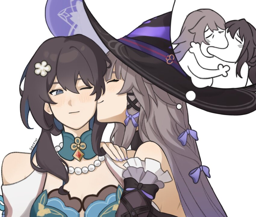 2girls black_hat bow brown_hair closed_eyes commentary dress english_commentary flower frilled_sleeves frills green_dress green_eyes hair_bow hair_flower hair_ornament hand_on_another&#039;s_shoulder hat herta_(honkai:_star_rail) highres honkai:_star_rail honkai_(series) jewelry kiss kissing_cheek meme multiple_girls necklace one_eye_closed pearl_necklace purple_bow purple_nails ruan_mei_(honkai:_star_rail) signature speech_bubble the_herta_(honkai:_star_rail) thought_bubble vi_(seorivi) witch_hat yoshi_and_toad_kissing_(meme) yuri