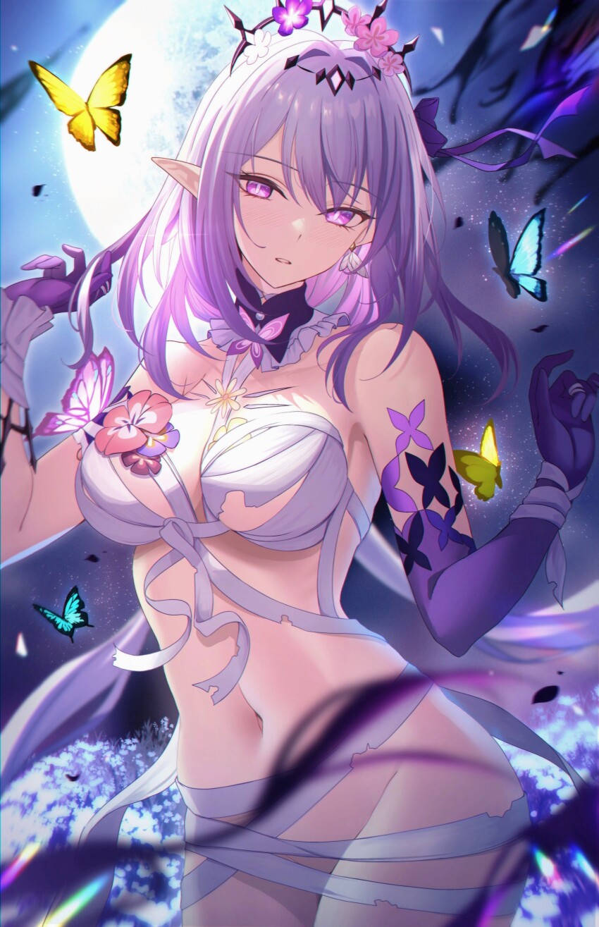 1girl absurdres asymmetrical_gloves bandaged_chest bandaged_torso bare_shoulders black_tiara breasts bug butterfly castorice_(honkai:_star_rail) commentary_request elbow_gloves flower flower_ornament full_body gloves hair_flower hair_ornament highres honkai:_star_rail honkai_(series) insect large_breasts long_hair mishiro_(ixtlolton) navel night night_sky paid_reward_available parted_lips pointy_ears purple_eyes purple_gloves purple_hair revision sky solo stomach tiara uneven_gloves