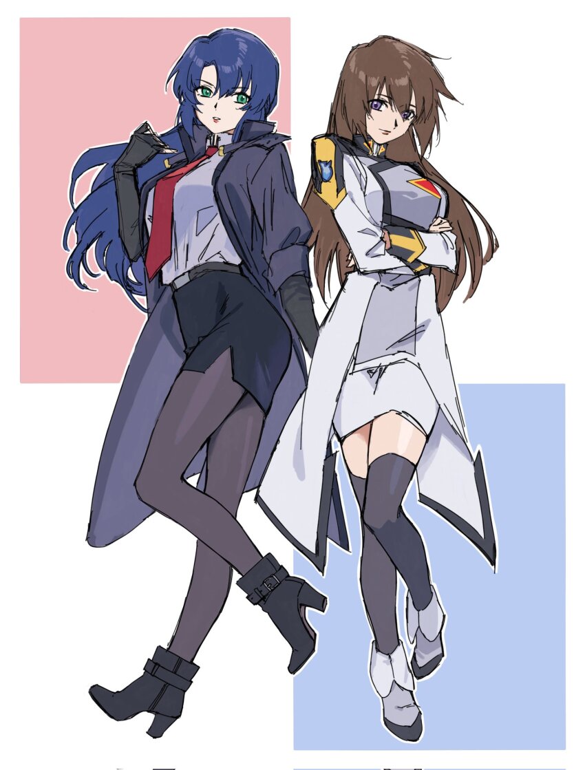 2girls athrun_zala black_pantyhose black_skirt blue_hair boots breasts brown_hair crossed_arms genderswap genderswap_(mtf) gloves green_eyes gundam gundam_seed gundam_seed_destiny gundam_seed_freedom highres jacket kangjini0248 kira_yamato large_breasts long_hair long_sleeves looking_at_viewer medium_breasts military military_uniform miniskirt multiple_girls necktie pantyhose purple_eyes shirt skirt smile thighhighs