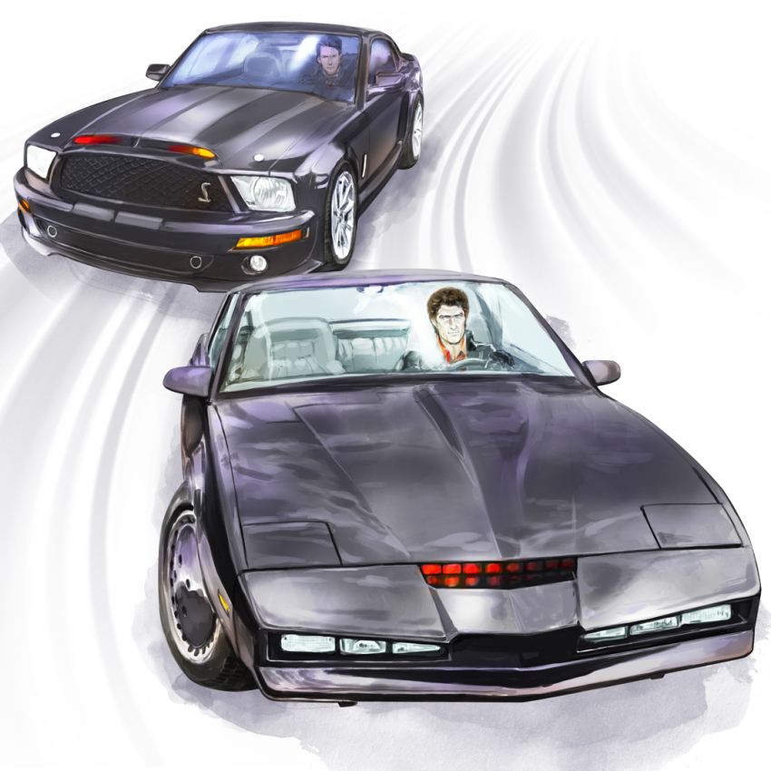2boys car cobra_(animal) commentary_request driving evolution father_and_son ford_mustang ford_mustang_s197 igunuk jacket k.i.t.t knight_rider light michael_knight motor_vehicle multiple_boys pilot pontiac_firebird realistic reflection robot science_fiction sensor vehicle_focus white_background window