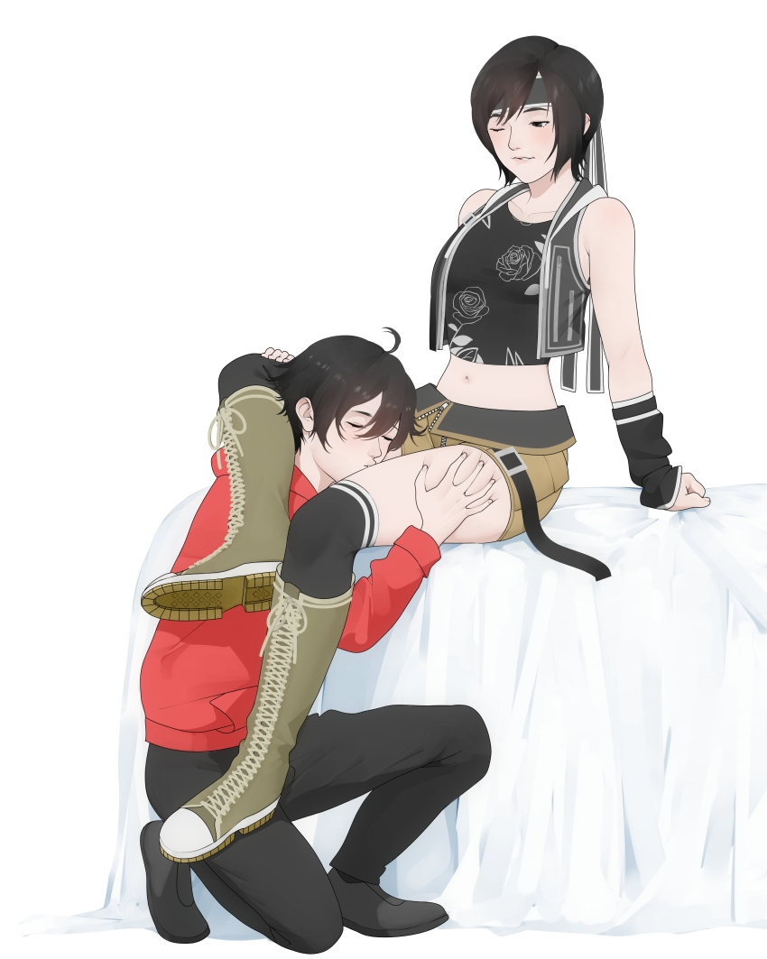 1boy 1girl absurdres bed biting_own_lip black_hair blush boots brown_eyes brown_shorts commission commissioner_upload final_fantasy final_fantasy_vii final_fantasy_vii_advent_children flustered grabbing_another&#039;s_thighs groping head_between_thighs headband highres jacket kiss kissing_thigh legs navel short_hair shorts simple_background sitting socks square_enix squeezing squeezing_thigh tank_top thick_thighs thigh_grab thighhighs thighs white_background yuffie_kisaragi